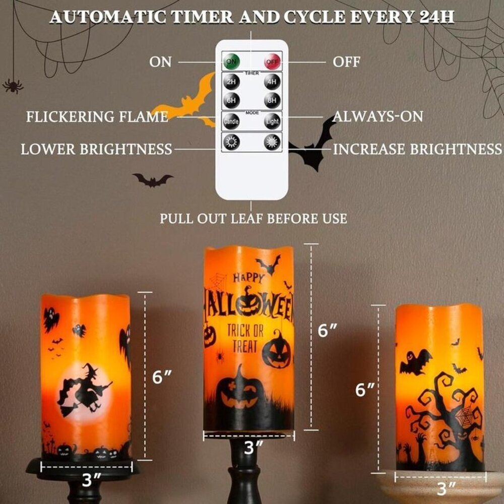 Halloween Flameless LED Candles 3 Pack Real Wax Remote Timer Flickering Decor - Picture 3 of 5